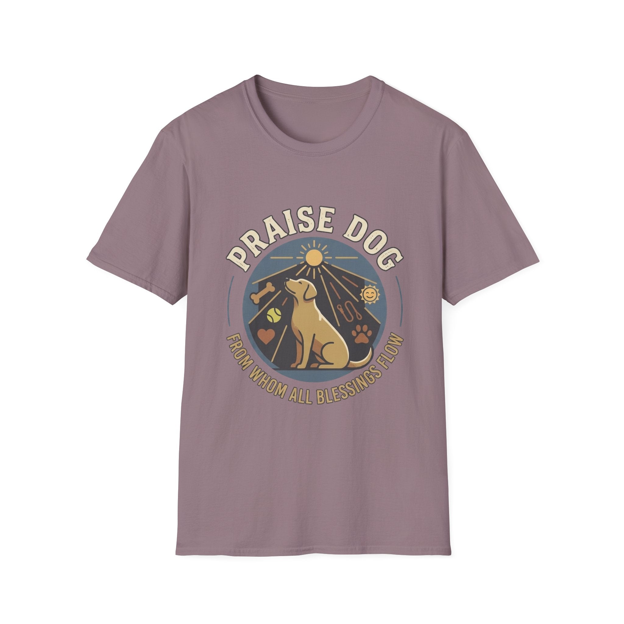 Praise Dog From Whom All Blessings Flow Labrador T-Shirt flat lay in dusty mauve, featuring a circular badge graphic of a golden Labrador gazing upward at a sunburst, surrounded by icons of a bone, tennis ball, paw print, and smiley face.