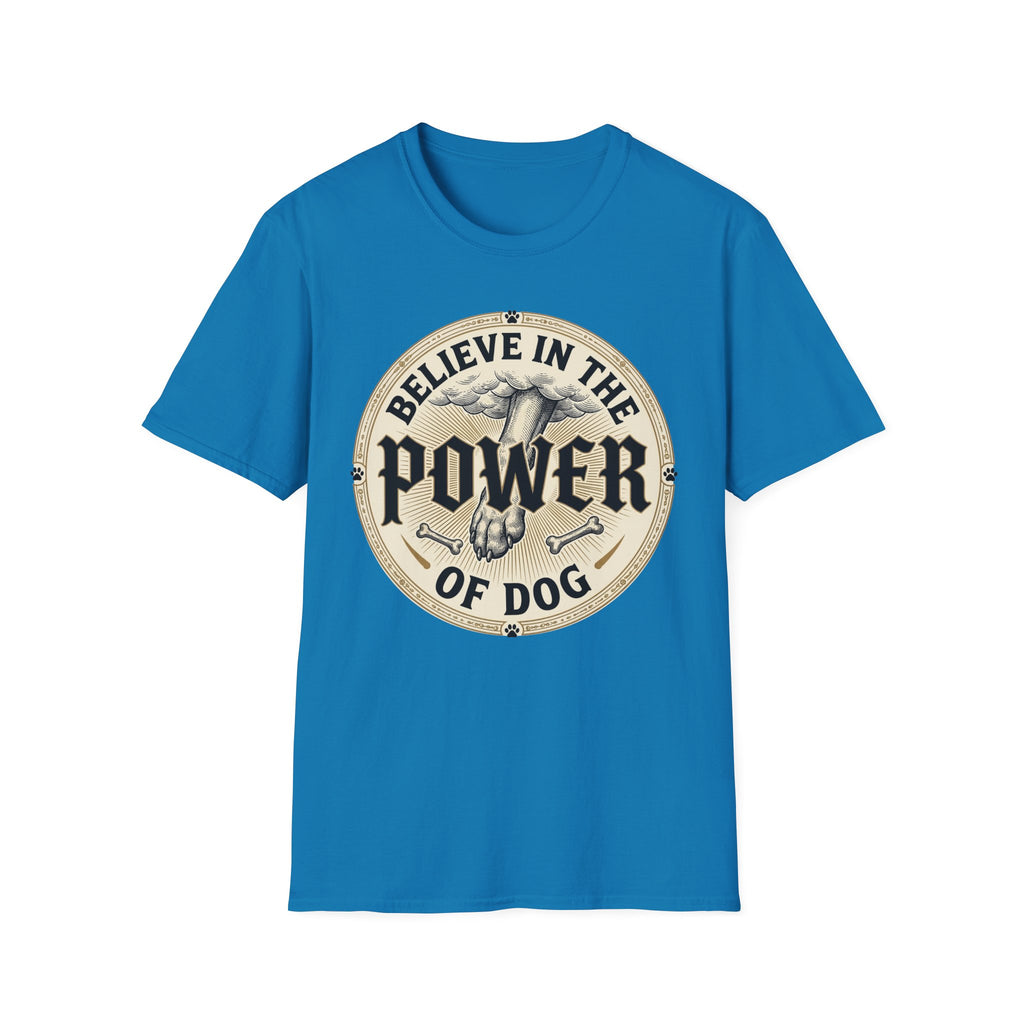 Believe in the Power of Dog Paw T-shirt flat lay in sapphire blue, featuring a circular vintage badge graphic of a dog paw raised like a fist from clouds above crossed bones, with paw print accents and bold text.