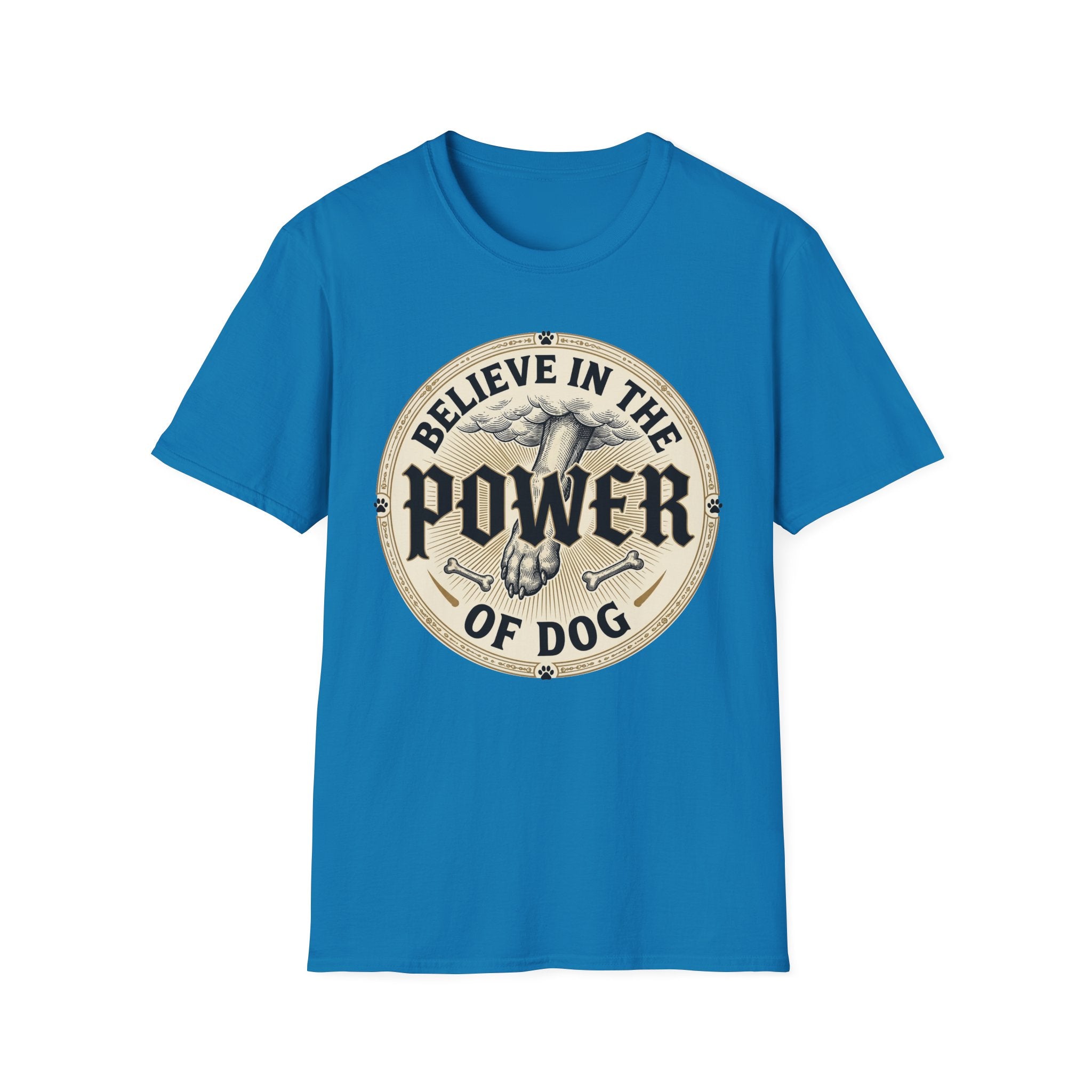Believe in the Power of Dog Paw T-shirt flat lay in sapphire blue, featuring a circular vintage badge graphic of a dog paw raised like a fist from clouds above crossed bones, with paw print accents and bold text.
