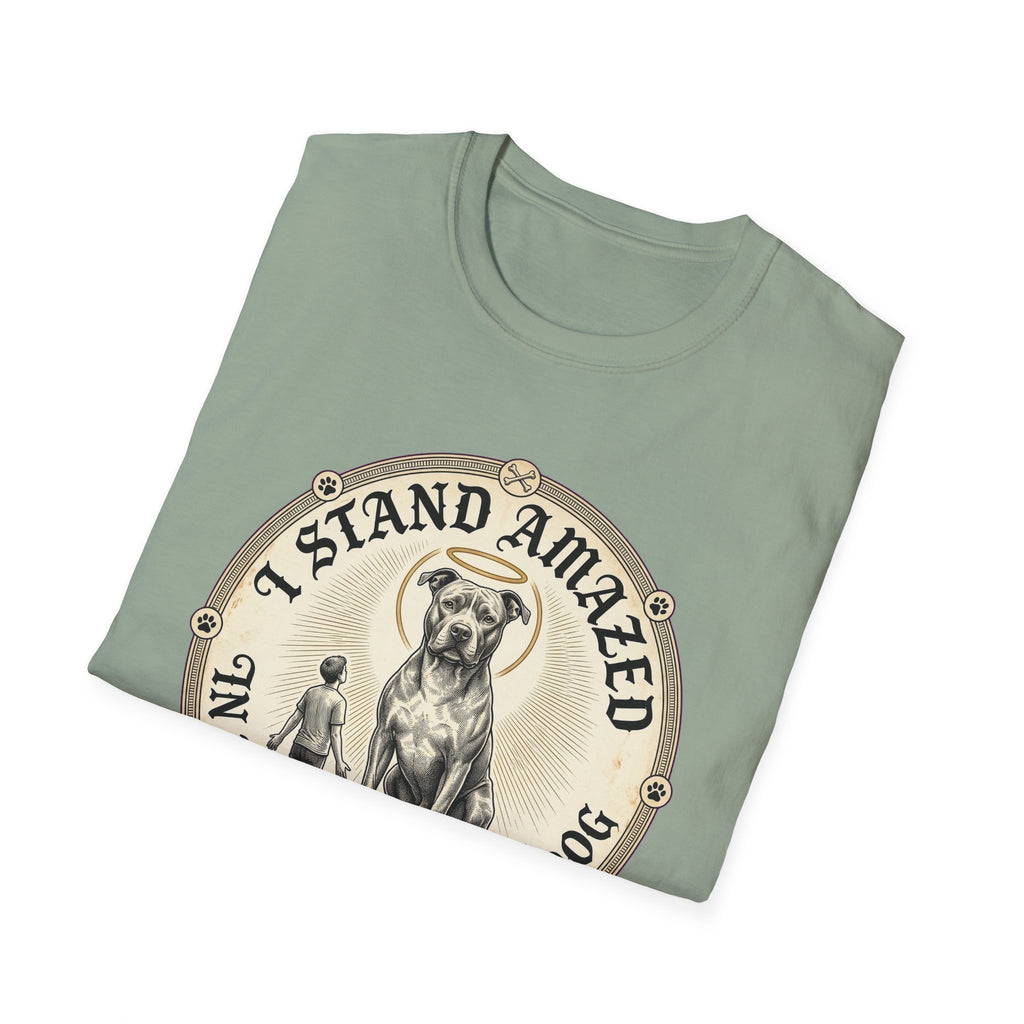 I Stand Amazed Pitbull T-Shirt in sage green, folded view showing the front graphic of the pitbull design with halo and 'I Stand Amazed' text.