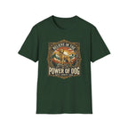 Believe in the Power of Dog T-shirt flat lay in forest green, featuring a vintage ornate badge graphic of a Labrador standing on a rocky mountain outcrop at sunset, with the text 'Believe in the Power of Dog' and 'Faith, Loyalty, Love'.