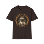 Let Go Let Dog Pug T-Shirt flat lay on dark chocolate brown, featuring an ornate gold-framed medallion with a halo-wearing pug raising its paws and the text 'Let Go and Let Dog'.