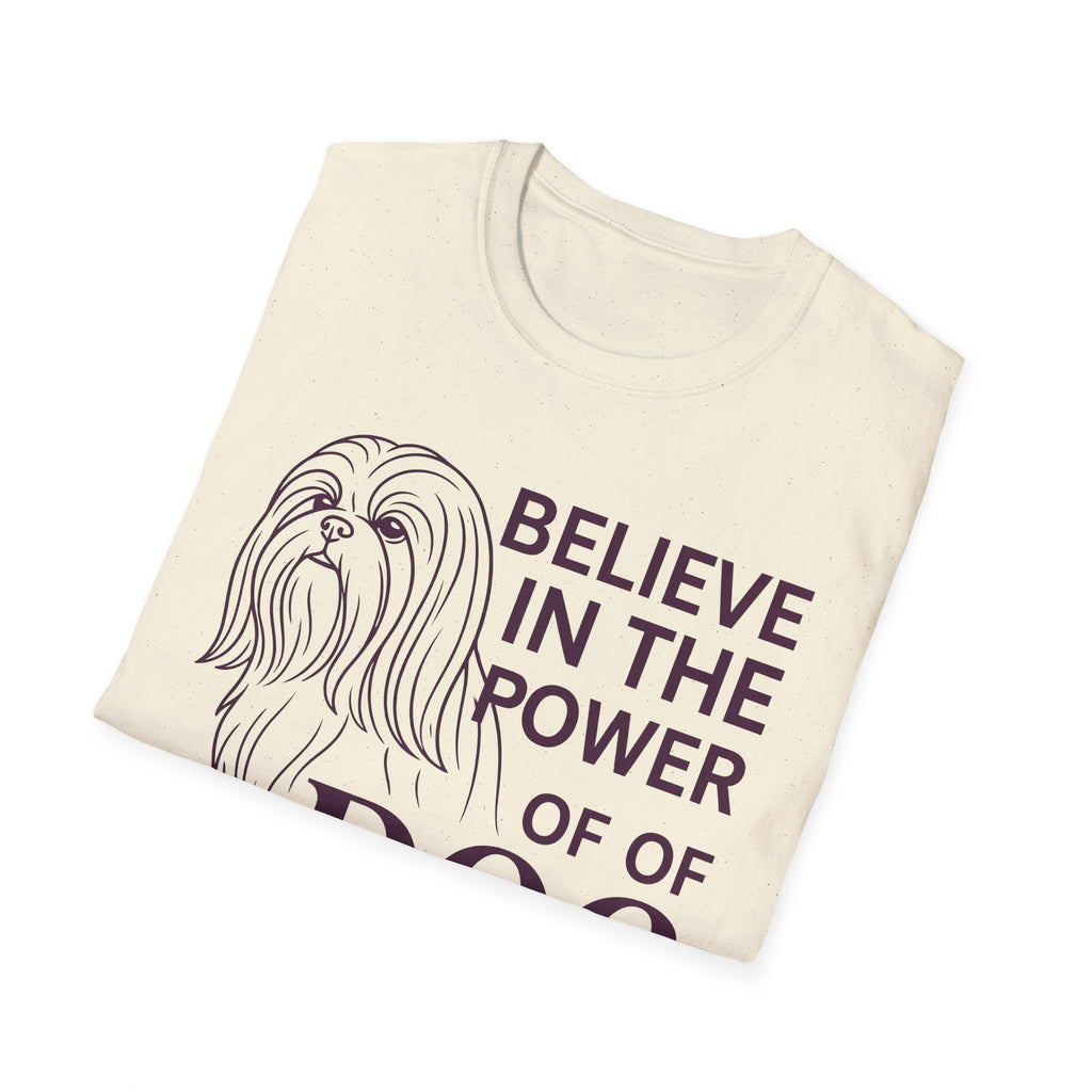 Believe in the Power of Dog Shih Tzu Line Art T-Shirt in natural cream, folded flat lay showing the Shih Tzu line art and Believe in the Power of Dog text.