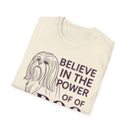 Believe in the Power of Dog Shih Tzu Line Art T-Shirt in natural cream, folded flat lay showing the Shih Tzu line art and Believe in the Power of Dog text.