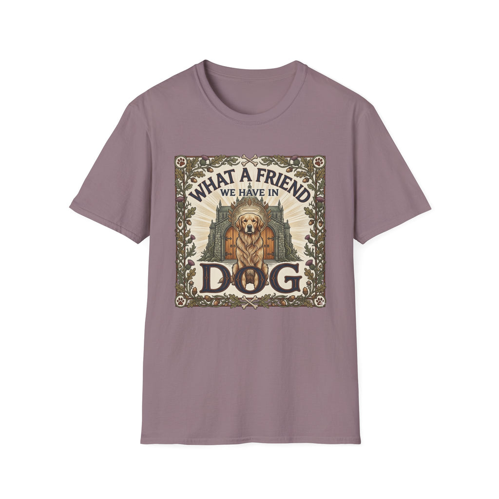 What a Friend We Have in Dog T-Shirt flat lay, dusty mauve/heather purple shirt featuring a vintage botanical-framed graphic of a golden retriever with a halo and the text 'What a Friend We Have in Dog.'