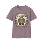 What a Friend We Have in Dog T-Shirt flat lay, dusty mauve/heather purple shirt featuring a vintage botanical-framed graphic of a golden retriever with a halo and the text 'What a Friend We Have in Dog.'