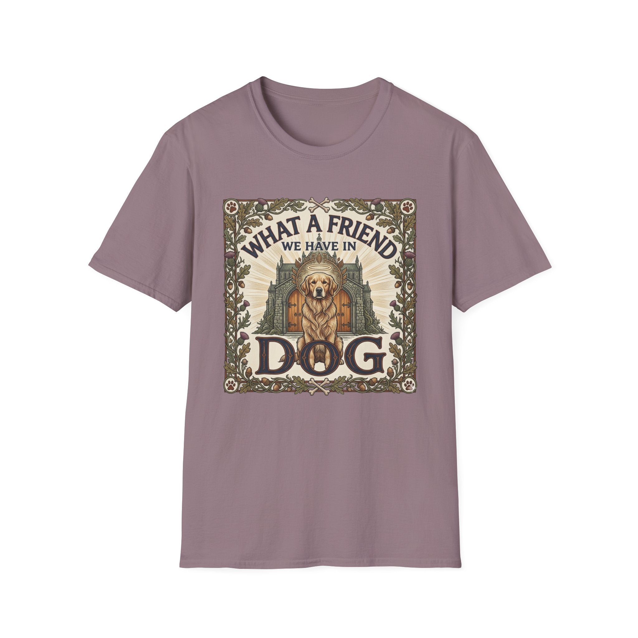 What a Friend We Have in Dog T-Shirt flat lay, dusty mauve/heather purple shirt featuring a vintage botanical-framed graphic of a golden retriever with a halo and the text 'What a Friend We Have in Dog.'