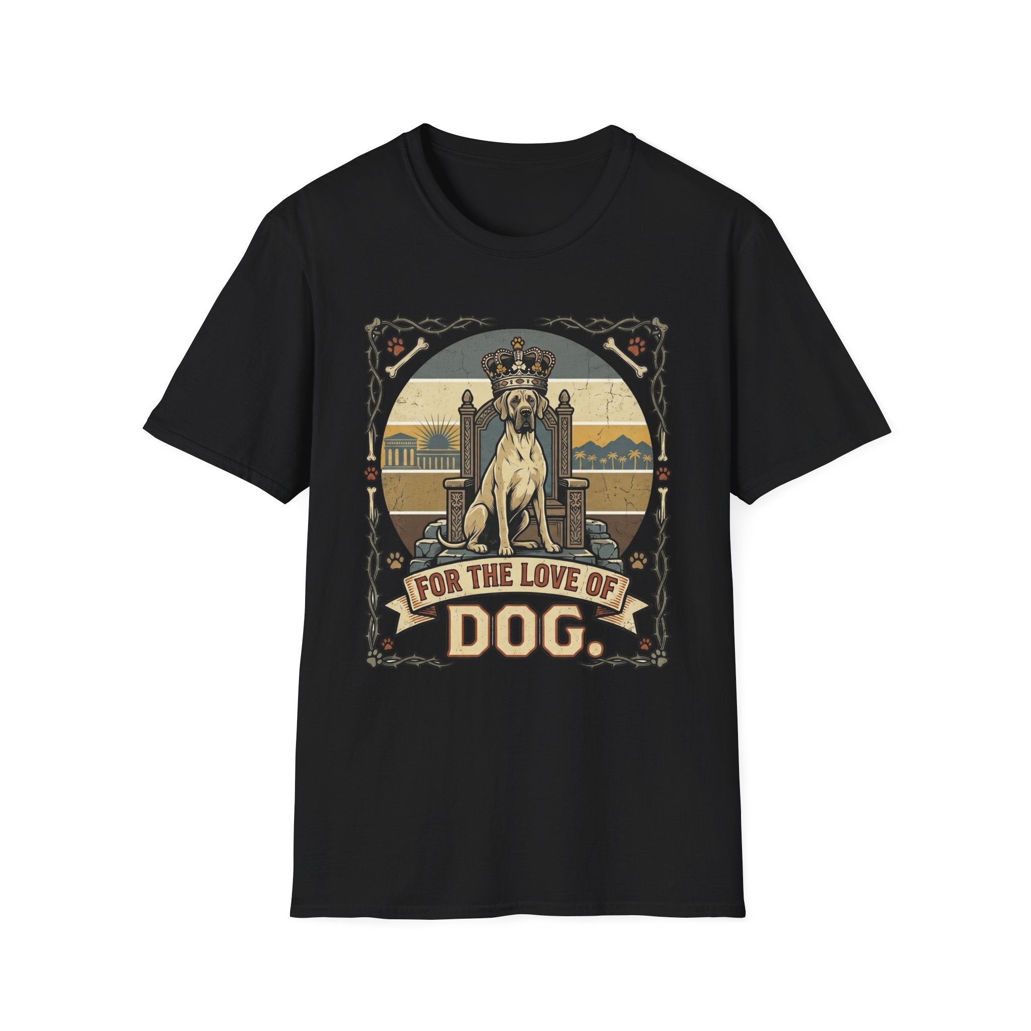 For the Love of Dog Great Dane T-Shirt flat lay in black featuring a crowned Great Dane seated on a throne in a vintage illustration with an ornate thorn and bone border, "For the Love of Dog" banner below.