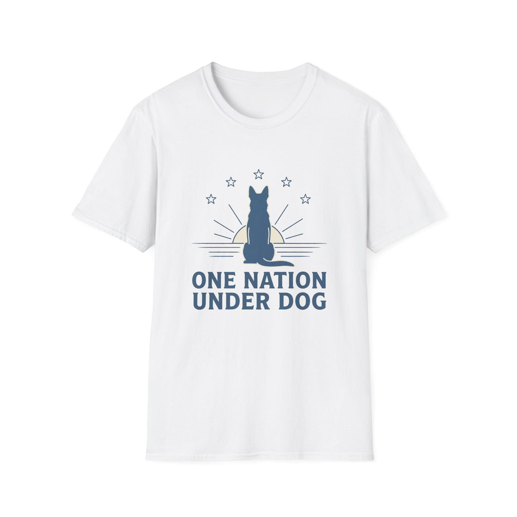 One Nation Under Dog T-Shirt flat lay in white, featuring a blue dog silhouette seated before a rising sun with rays and surrounding stars, with bold text reading 'One Nation Under Dog.'