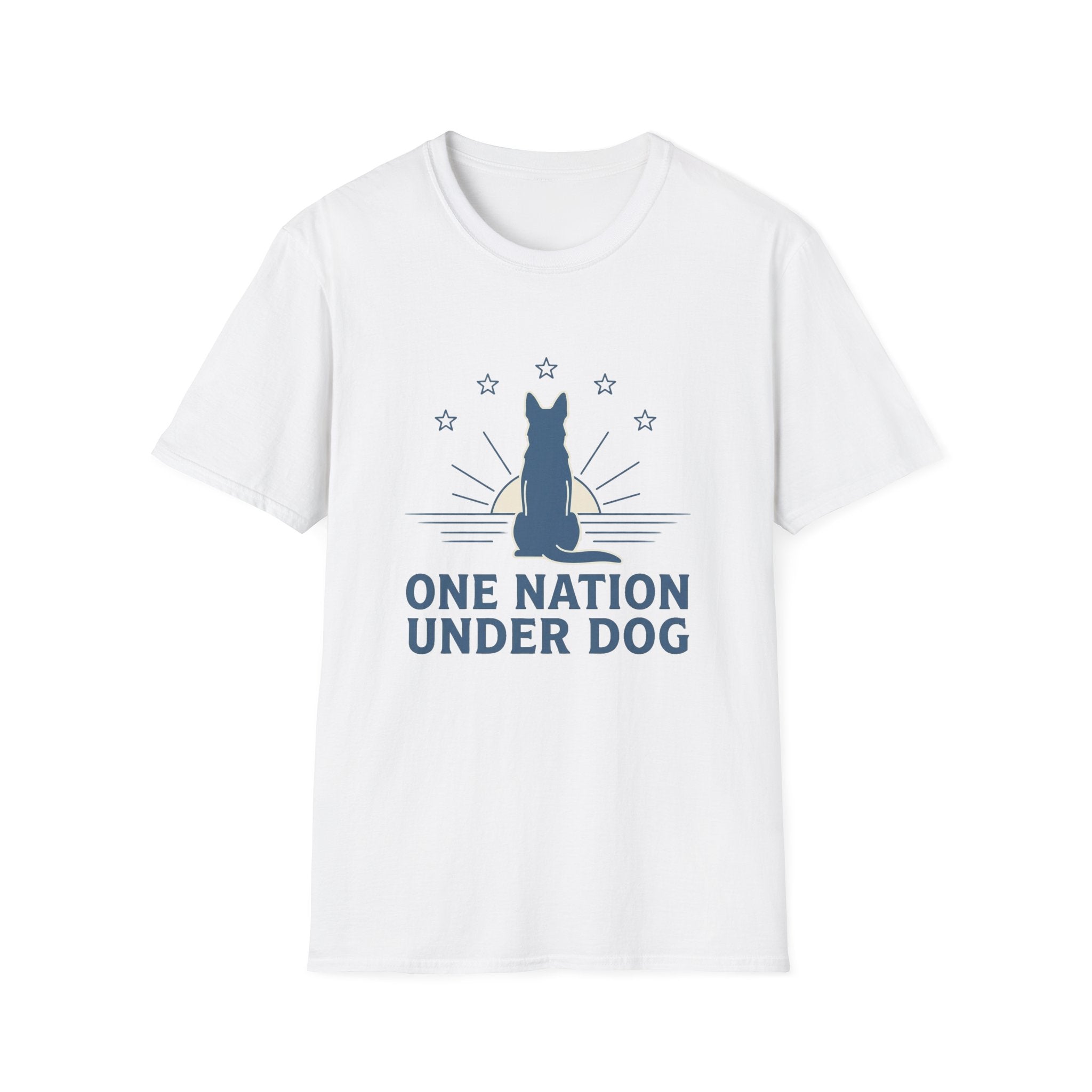 One Nation Under Dog T-Shirt flat lay in white, featuring a blue dog silhouette seated before a rising sun with rays and surrounding stars, with bold text reading 'One Nation Under Dog.'