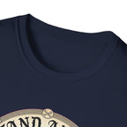 I Stand Amazed Pitbull T-Shirt in navy, close-up of the neckline and upper graphic detail showing the circular pitbull design with crossed-bone medallion and vintage lettering.