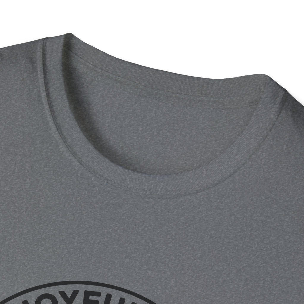 The Joyful Sound of Barking T-shirt close-up detail shot on a heather grey shirt, showing the circular badge graphic with 'The Joyful Sound' lettering at the neckline.