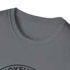 The Joyful Sound of Barking T-shirt close-up detail shot on a heather grey shirt, showing the circular badge graphic with 'The Joyful Sound' lettering at the neckline.