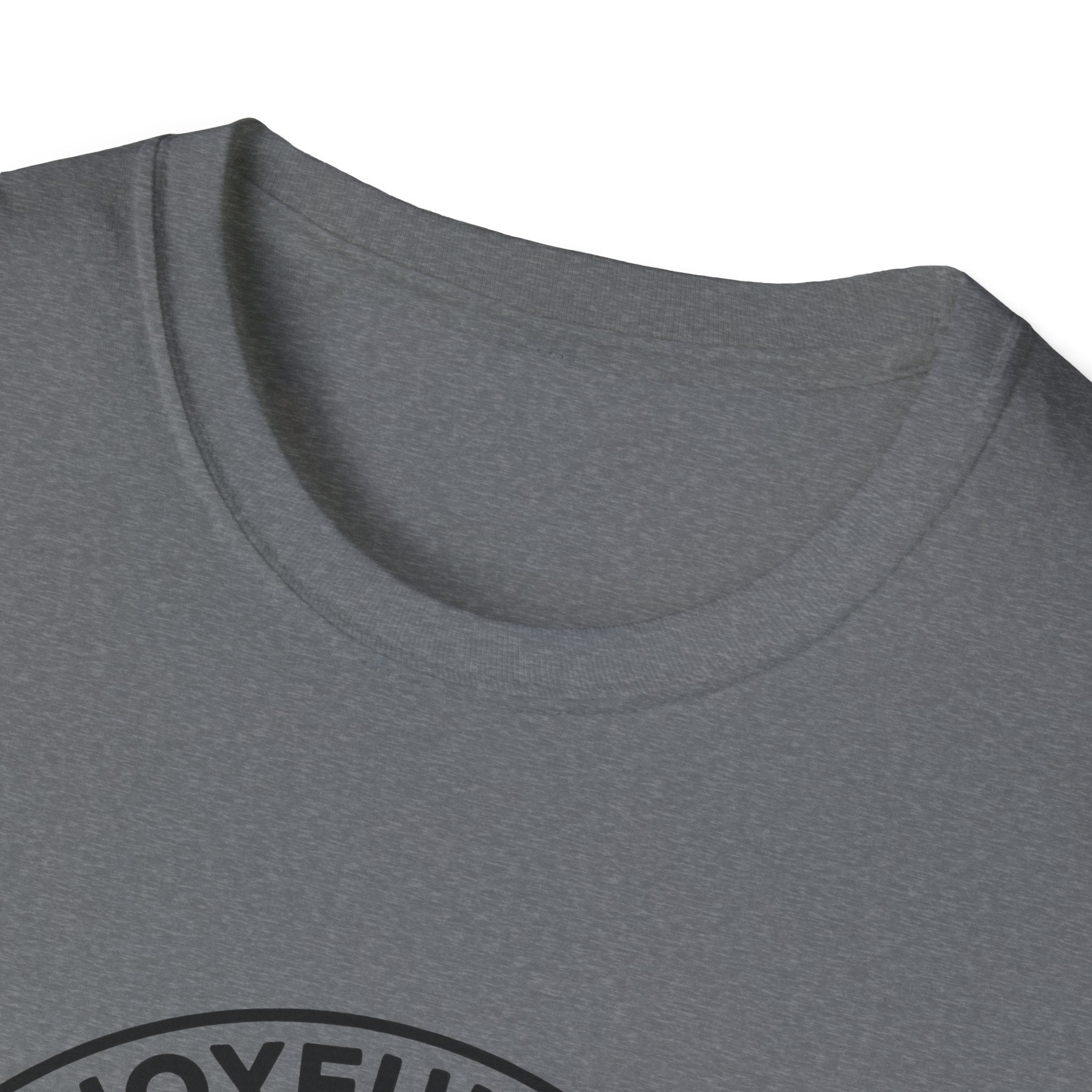 The Joyful Sound of Barking T-shirt close-up detail shot on a heather grey shirt, showing the circular badge graphic with 'The Joyful Sound' lettering at the neckline.
