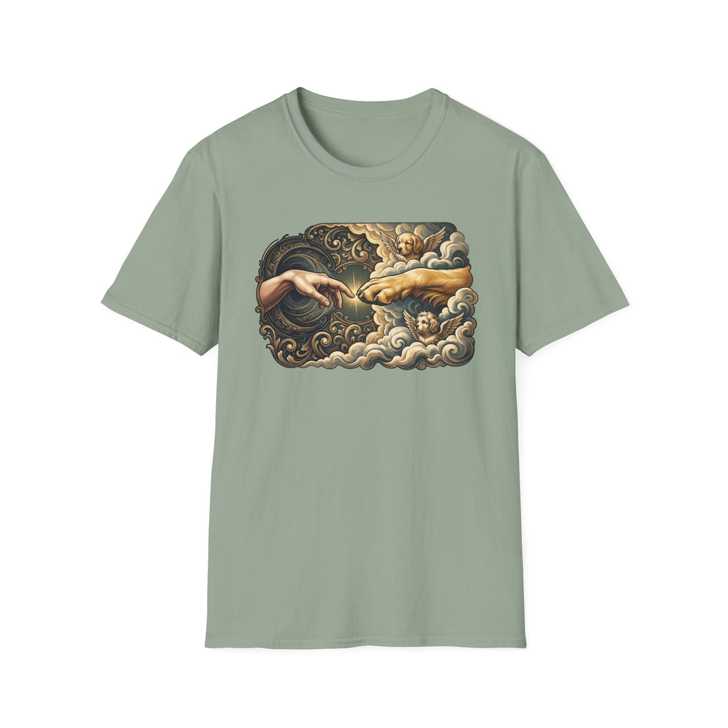 Creation of Adam T-Shirt flat lay in sage green, featuring a dog-themed parody of the Michelangelo fresco with a human hand reaching toward a dog's paw, an angel golden retriever and cherub amid baroque golden clouds.