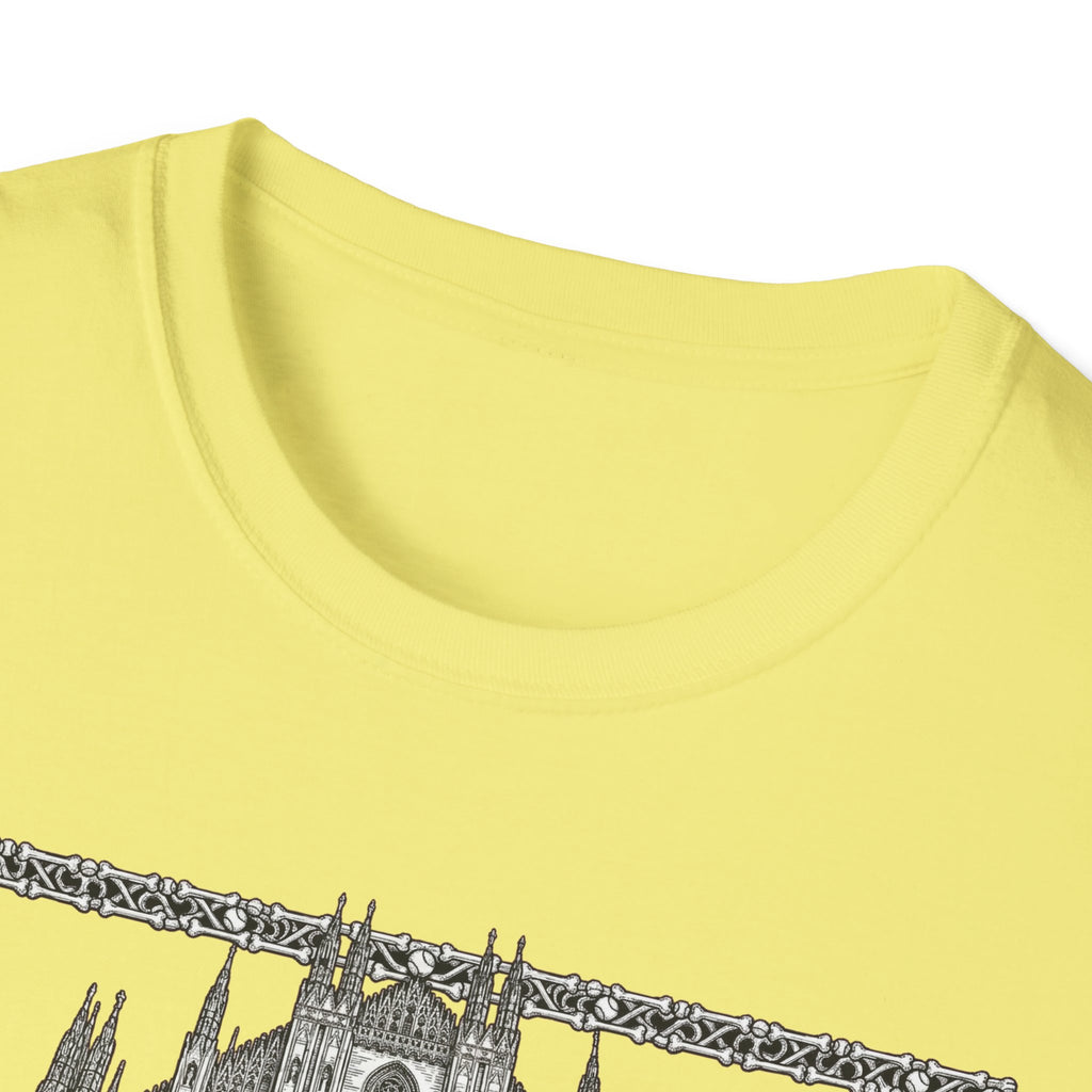 A Mighty Fortress is Our Dog T-Shirt close-up detail of the collar and top of the gothic cathedral graphic on a yellow shirt.