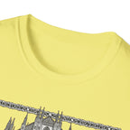A Mighty Fortress is Our Dog T-Shirt close-up detail of the collar and top of the gothic cathedral graphic on a yellow shirt.
