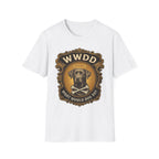 What Would Dog Do Chocolate Lab T-Shirt flat lay on white, featuring an ornate gold WWDD badge with a halo-wearing chocolate Labrador and crossbones and the text 'What Would Dog Do?'