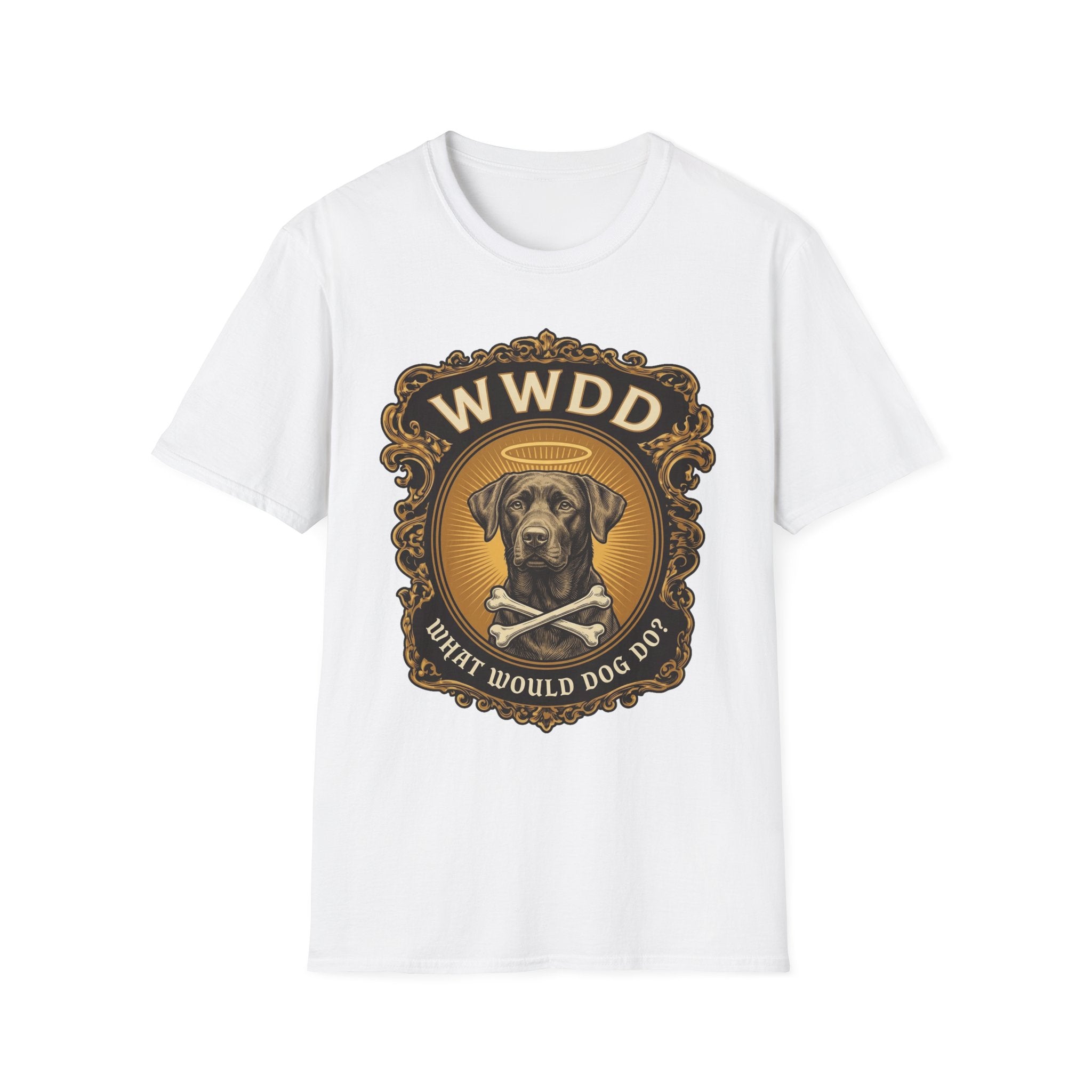 What Would Dog Do Chocolate Lab T-Shirt flat lay on white, featuring an ornate gold WWDD badge with a halo-wearing chocolate Labrador and crossbones and the text 'What Would Dog Do?'