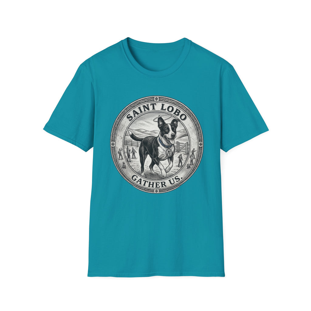 Saint Lobo Gather Us T-Shirt flat lay in teal, featuring a vintage medallion graphic of a leaping border collie-style dog with a halo, surrounded by the text 'Saint Lobo — Gather Us.'