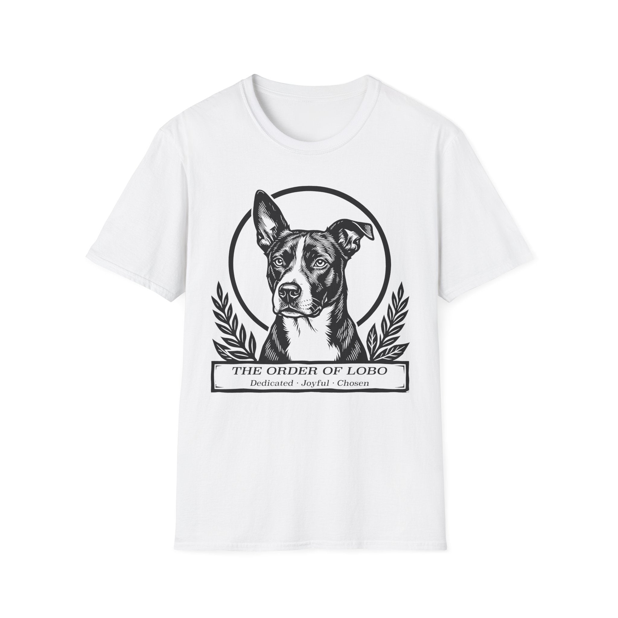 Holy Orders | Lobo T-Shirt flat lay on navy shirt featuring a stained glass style illustration of Lobo, a black-coated dog with a white blaze and large upright ears, depicted as a holy figure with a golden halo and the text 'Holy Orders.'