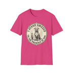 I Stand Amazed Golden Doodle T-Shirt flat lay in heliconia pink, featuring a circular vintage-style graphic of a large dog with a halo and the text "I Stand Amazed in the Presence of Dog."