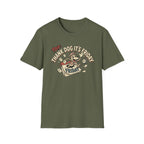 Thank Dog It's Friday T-Shirt flat lay on military green shirt featuring a retro cartoon dog bursting through a Friday calendar with bold TDIF: Thank Dog It's Friday text.