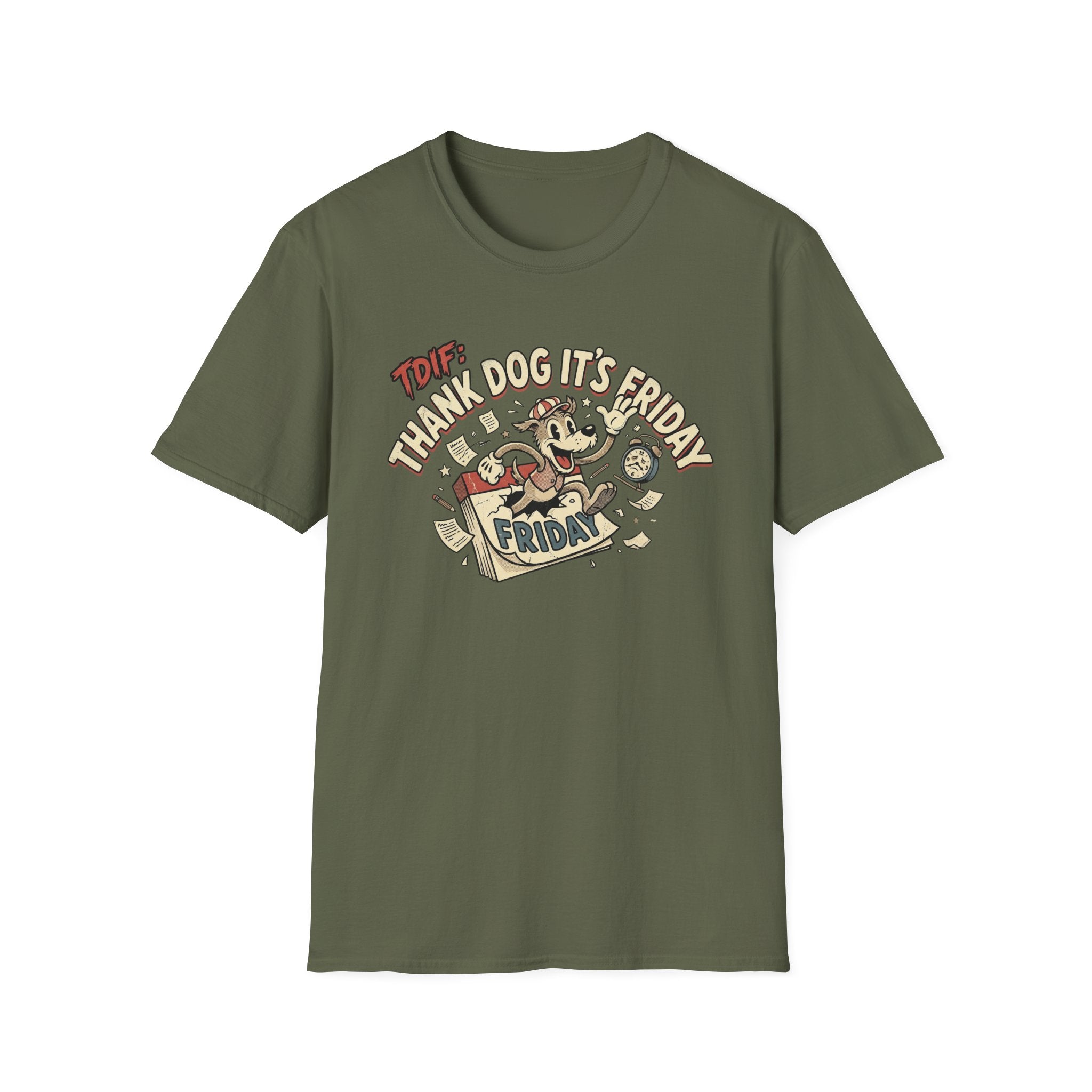 Thank Dog It's Friday T-Shirt flat lay on military green shirt featuring a retro cartoon dog bursting through a Friday calendar with bold TDIF: Thank Dog It's Friday text.