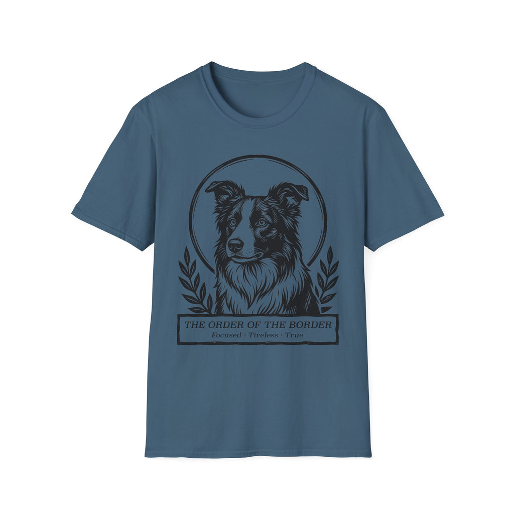 Holy Orders | Border Collie T-Shirt flat lay on navy shirt featuring a stained glass style illustration of a Border Collie depicted as a holy figure with a golden halo and the text 'Holy Orders.'