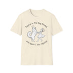 Rejoice in the Dog Samoyed T-Shirt in natural cream, flat lay mockup showing a fluffy white Samoyed with a halo dancing with a woman, line-art illustration with the text 'Rejoice in the Dog Always, and again I say rejoice!'