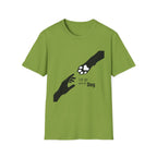 Let Go Let Dog Paw T-Shirt, flat lay on bright green tee featuring a bold silhouette graphic of a human hand reaching toward a dog paw with the text Let go and let Dog.
