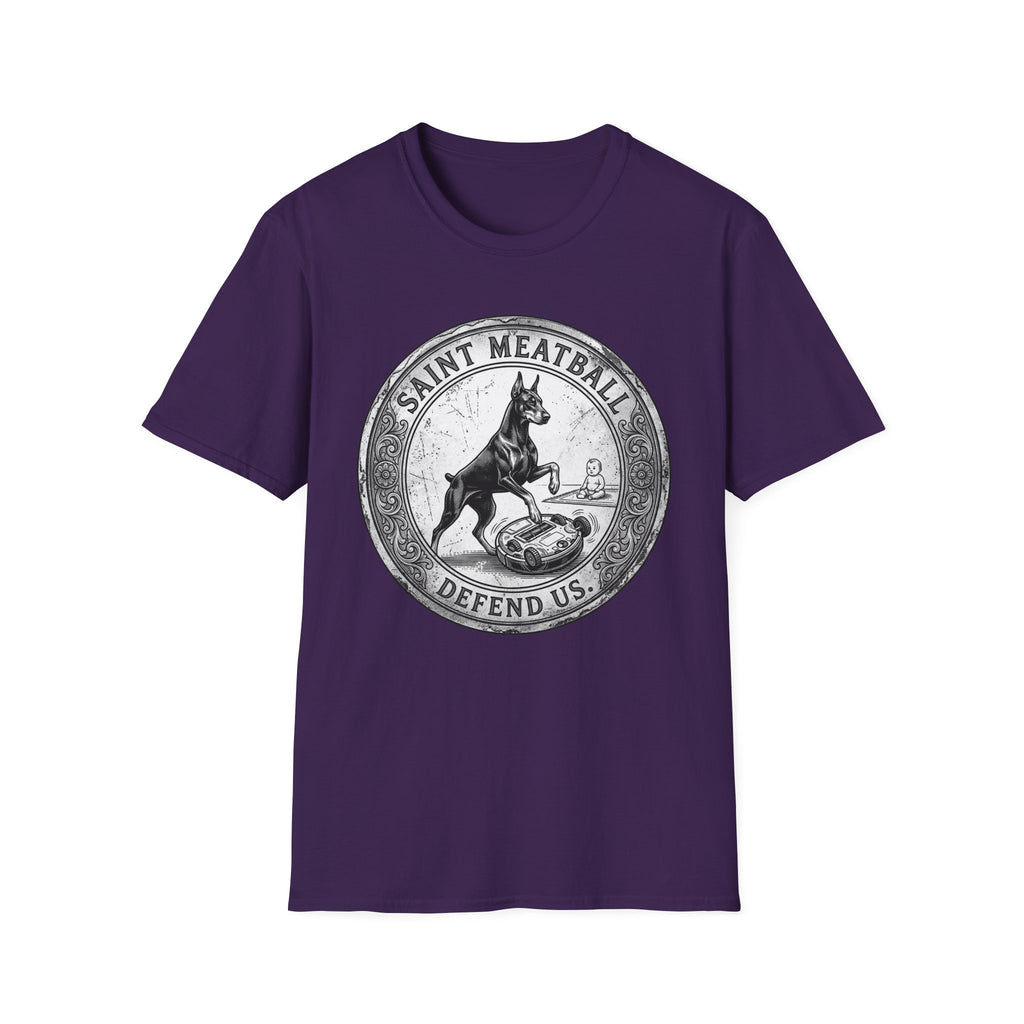 Saint Meatball Defend Us T-Shirt flat lay on purple shirt featuring a vintage medallion design with a Doberman Pinscher saint and the text Saint Meatball Defend Us.