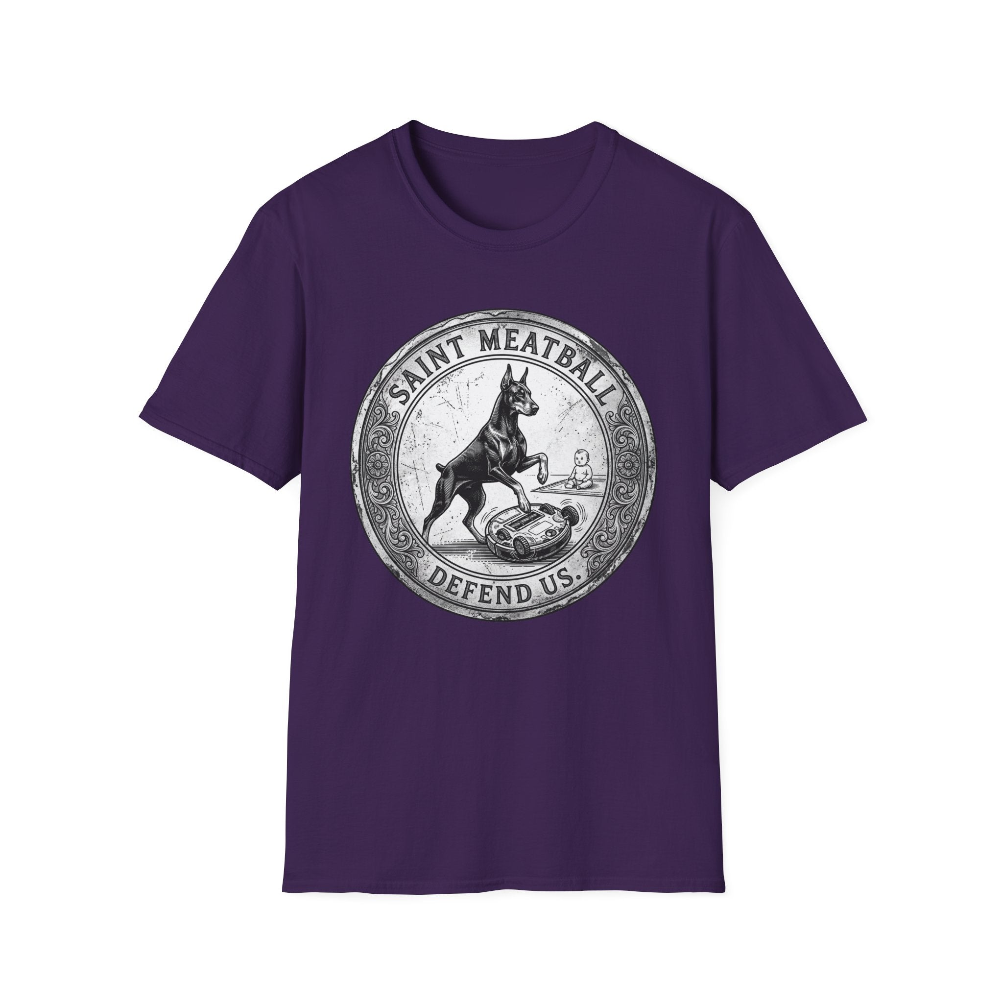 Saint Meatball Defend Us T-Shirt flat lay on purple shirt featuring a vintage medallion design with a Doberman Pinscher saint and the text Saint Meatball Defend Us.