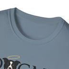 Dogma House Logo Light T-Shirt close-up of the neckline on a slate blue shirt, showing the border collie face with golden halo from the Dogma House logo.