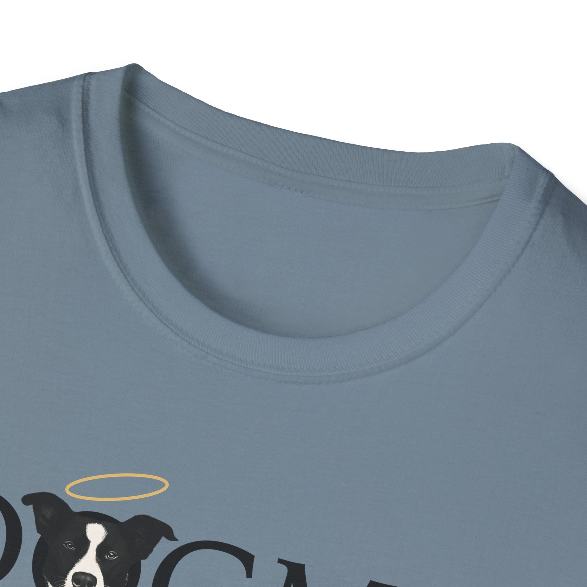 Dogma House Logo Light T-Shirt close-up of the neckline on a slate blue shirt, showing the border collie face with golden halo from the Dogma House logo.