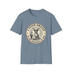 I Stand Amazed Chihuahua T-Shirt in steel blue, flat lay front view featuring a vintage-style circular graphic of a Chihuahua with a halo seated above a small human figure bowing in reverence, with the text 'I Stand Amazed in the Presence of Dog.'