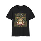 Let Go Let Dog Corgi T-Shirt in black, flat lay, featuring an ornate heraldic shield badge with a crowned corgi raising both paws and the text 'Let Go / And Let Dog'.