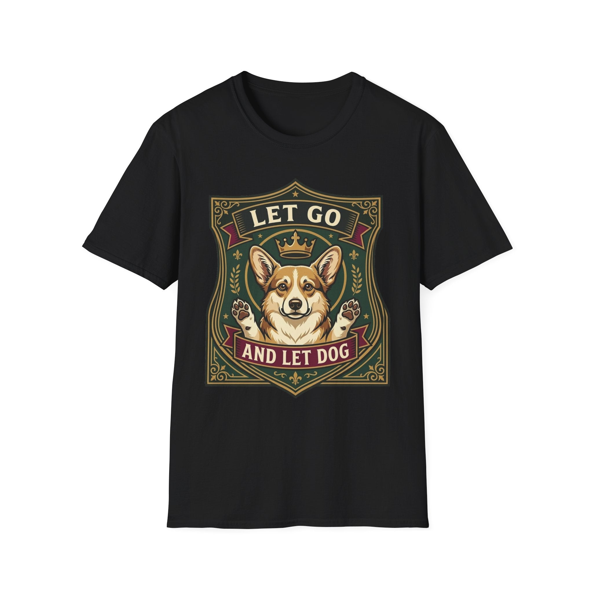 Let Go Let Dog Corgi T-Shirt in black, flat lay, featuring an ornate heraldic shield badge with a crowned corgi raising both paws and the text 'Let Go / And Let Dog'.