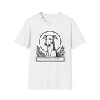Holy Orders | Greyhound T-Shirt flat lay on white shirt featuring a stained glass style illustration of a Greyhound depicted as a holy figure with a golden halo and the text 'Holy Orders.'