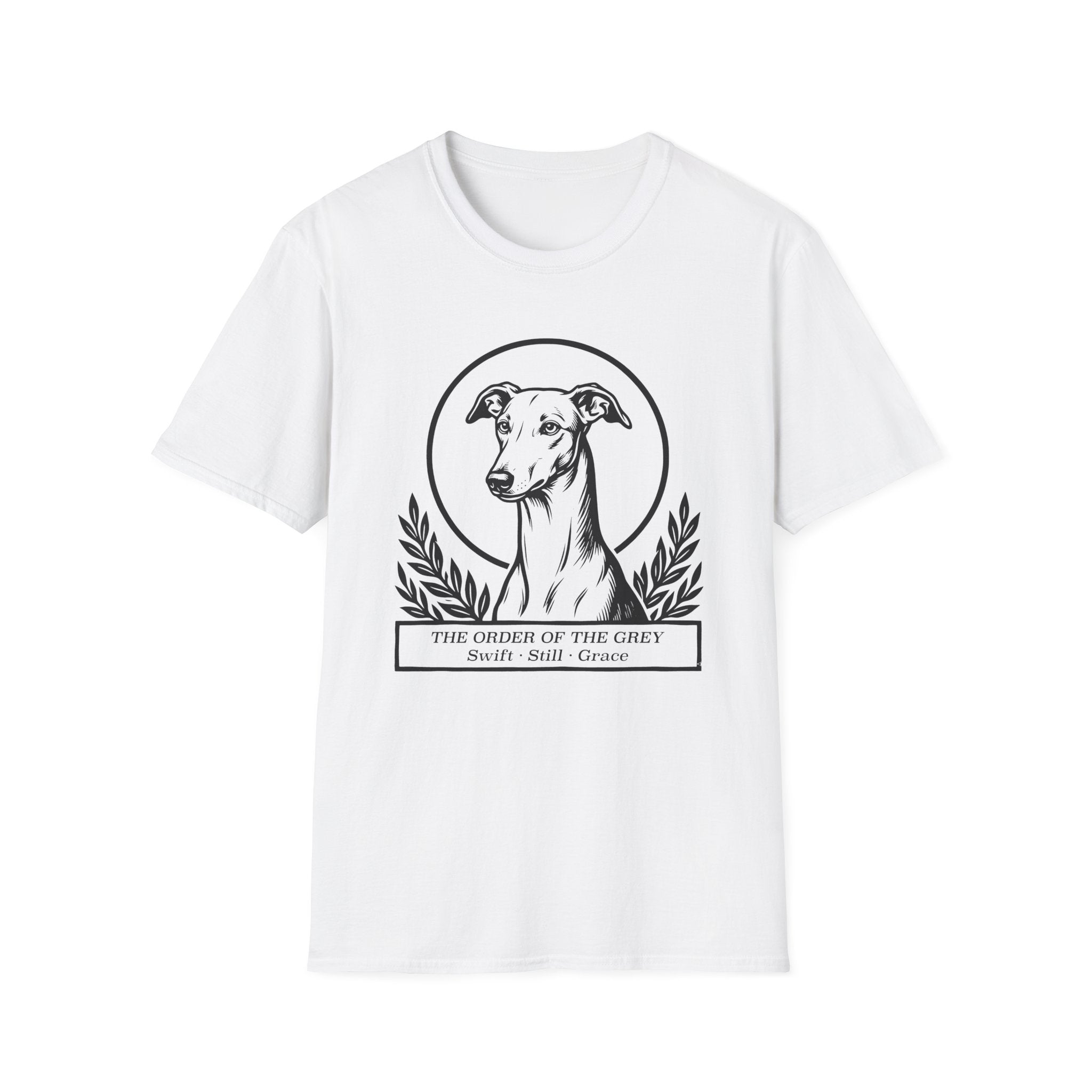 Holy Orders | Greyhound T-Shirt flat lay on white shirt featuring a stained glass style illustration of a Greyhound depicted as a holy figure with a golden halo and the text 'Holy Orders.'