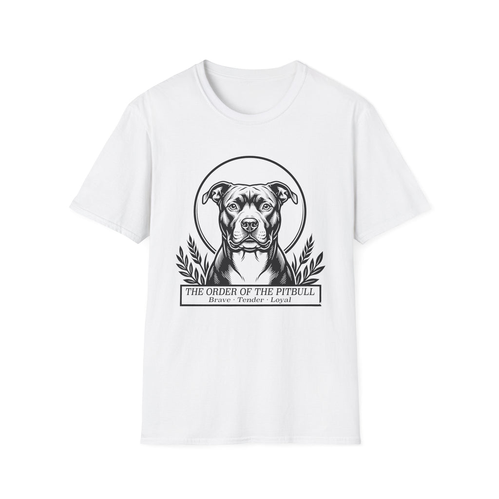 Holy Orders | Pitbull T-Shirt flat lay on navy shirt featuring a stained glass style illustration of a Pitbull depicted as a holy figure with a golden halo and the text 'Holy Orders.'