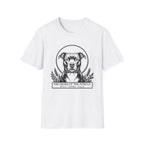 Holy Orders | Pitbull T-Shirt flat lay on navy shirt featuring a stained glass style illustration of a Pitbull depicted as a holy figure with a golden halo and the text 'Holy Orders.'