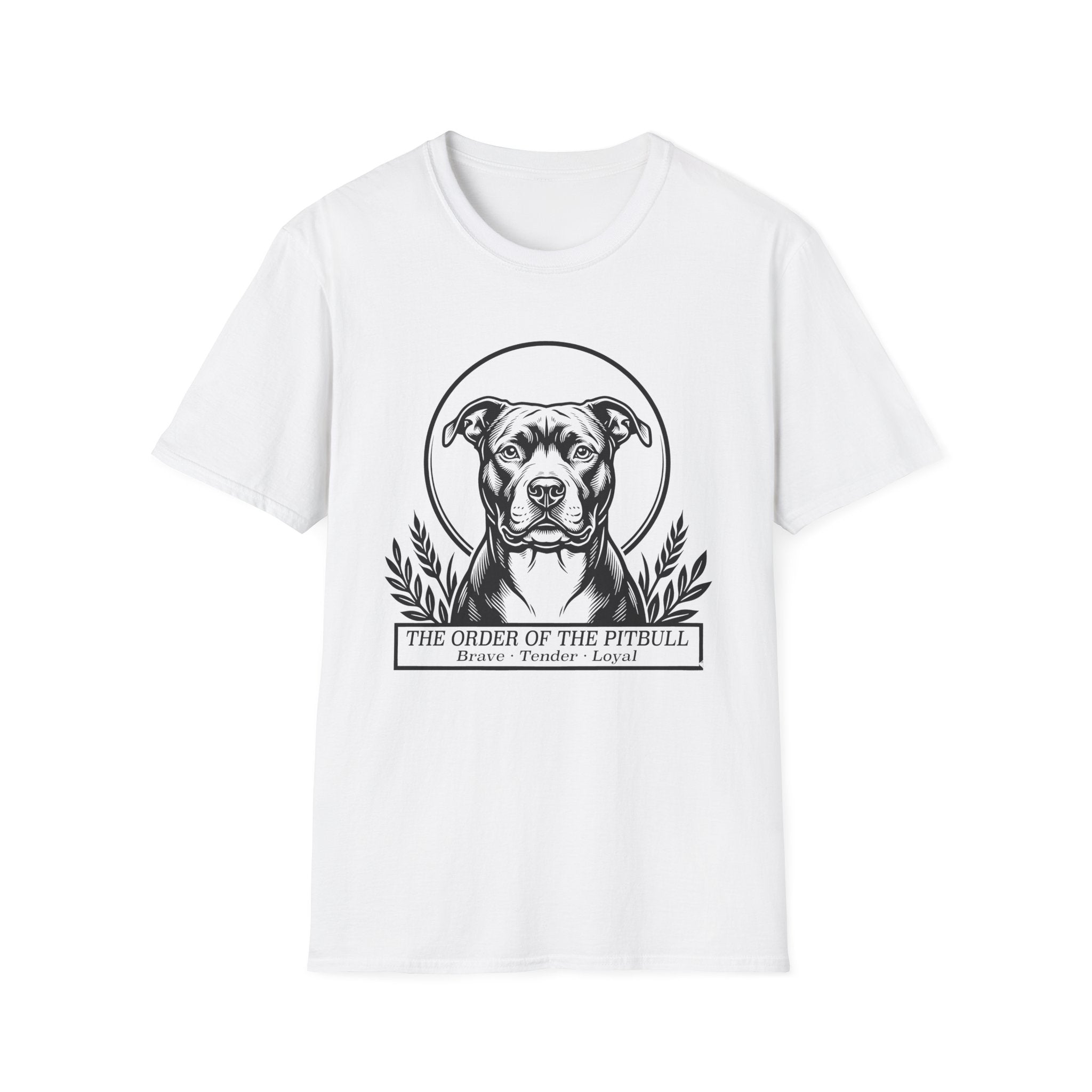 Holy Orders | Pitbull T-Shirt flat lay on navy shirt featuring a stained glass style illustration of a Pitbull depicted as a holy figure with a golden halo and the text 'Holy Orders.'
