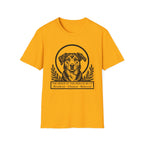 Holy Orders | Rescue Mutt T-Shirt flat lay on sage green shirt featuring a stained glass style illustration of a Rescue Mutt depicted as a holy figure with a golden halo and the text 'Holy Orders.'