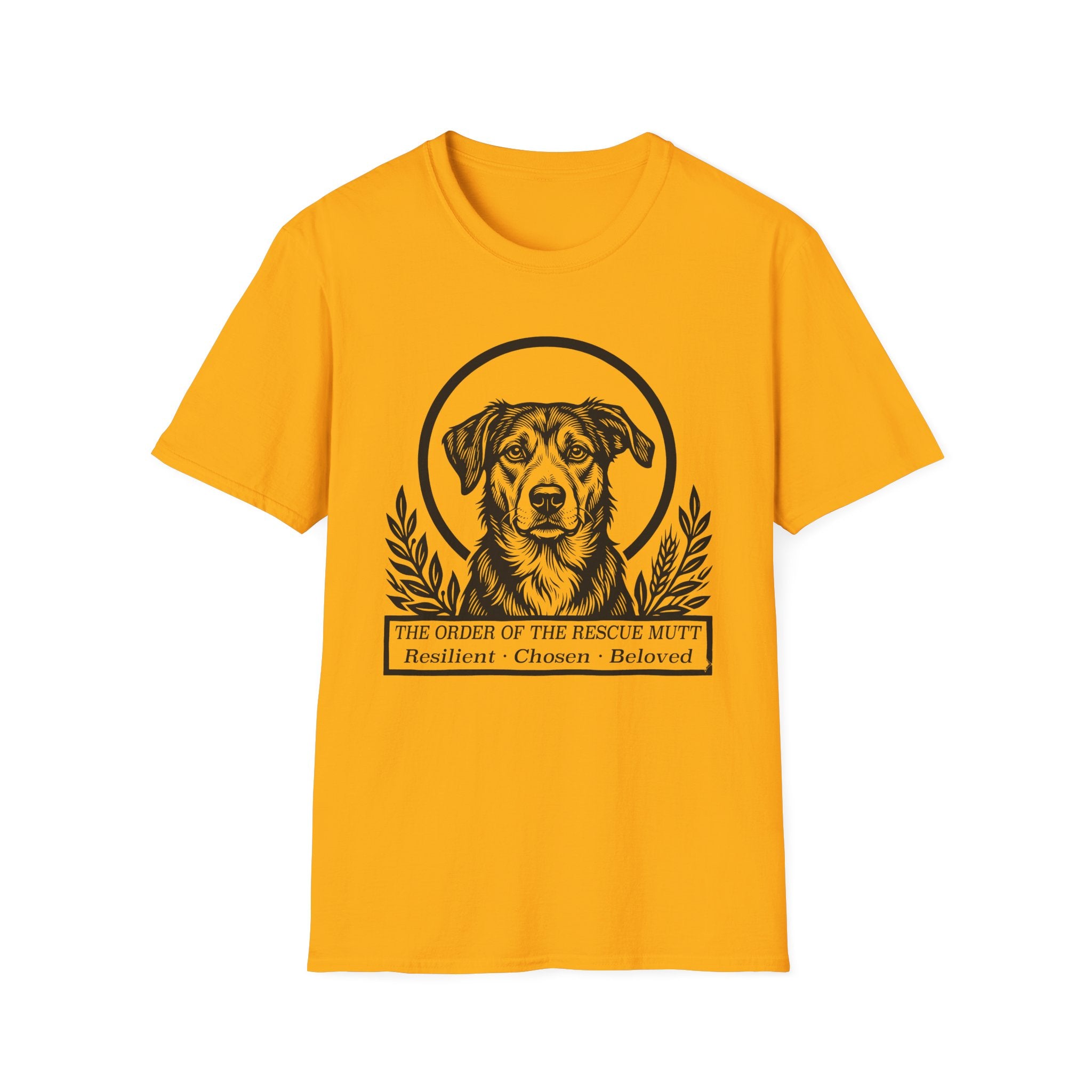 Holy Orders | Rescue Mutt T-Shirt flat lay on sage green shirt featuring a stained glass style illustration of a Rescue Mutt depicted as a holy figure with a golden halo and the text 'Holy Orders.'