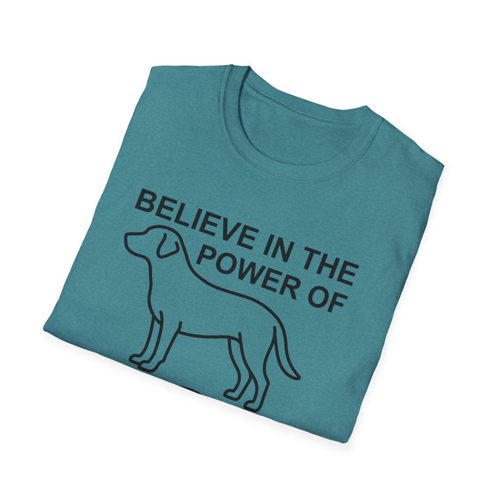 Believe in the Power of Dog T-Shirt folded flat lay in heather teal, showing the graphic partially with the dog outline and the words Believe in the Power of.