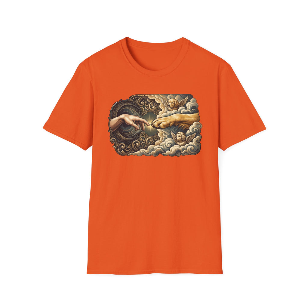 Creation of Adam T-Shirt flat lay in orange, featuring a dog-themed parody of the Michelangelo fresco with a human hand reaching toward a dog's paw, an angel golden retriever and cherub amid baroque golden clouds.
