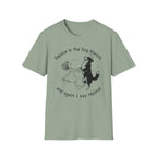 Rejoice in the Dog Lobo T-Shirt in sage green, flat lay mockup showing a woman joyfully dancing with a rearing black-and-white Border Collie line-art illustration and the text 'Rejoice in the Dog Always, and again I say rejoice!'