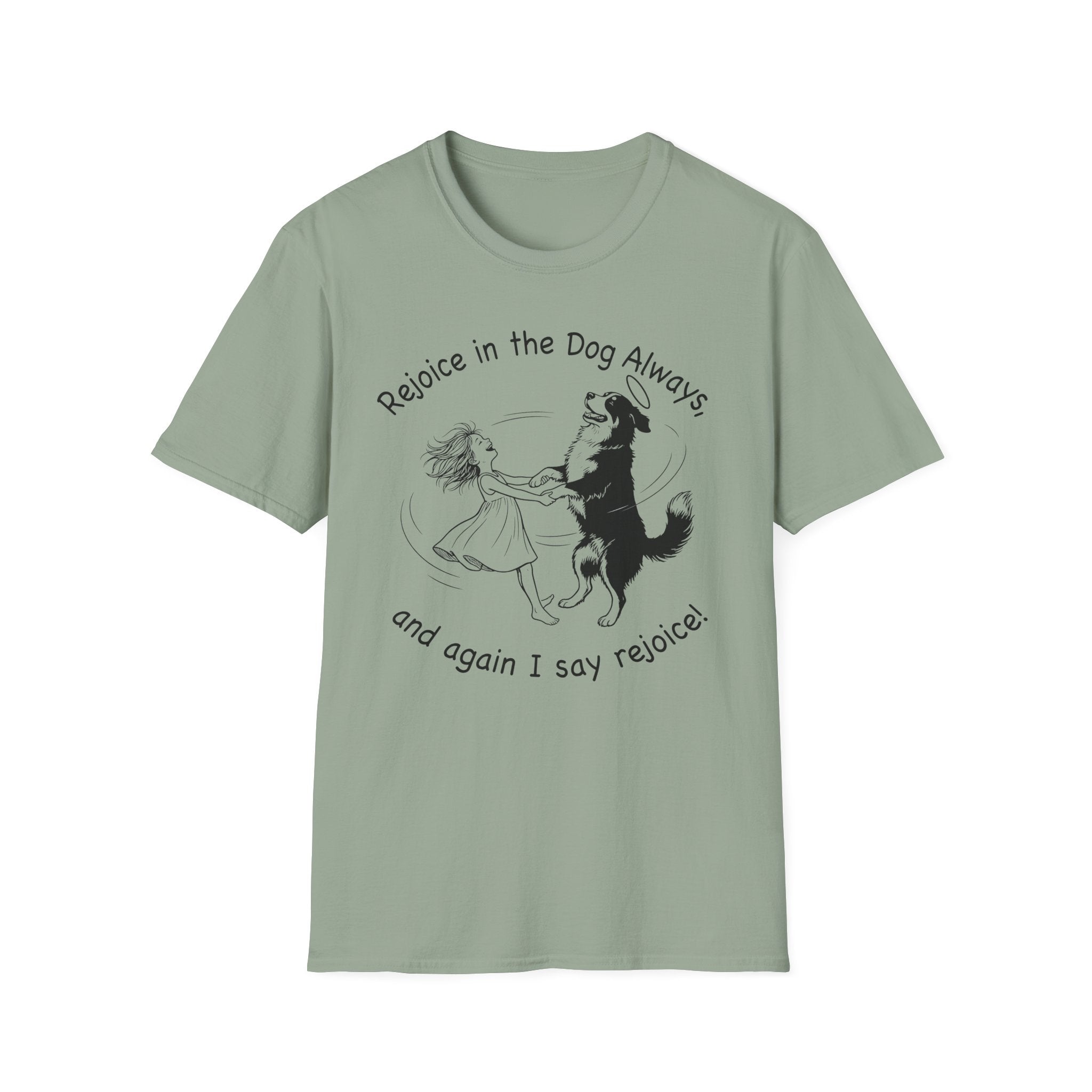 Rejoice in the Dog Lobo T-Shirt in sage green, flat lay mockup showing a woman joyfully dancing with a rearing black-and-white Border Collie line-art illustration and the text 'Rejoice in the Dog Always, and again I say rejoice!'