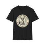 I Stand Amazed Chihuahua T-Shirt in black, flat lay front view featuring a vintage-style circular graphic of a Chihuahua with a halo seated above a small human figure bowing in reverence, with the text 'I Stand Amazed in the Presence of Dog.'